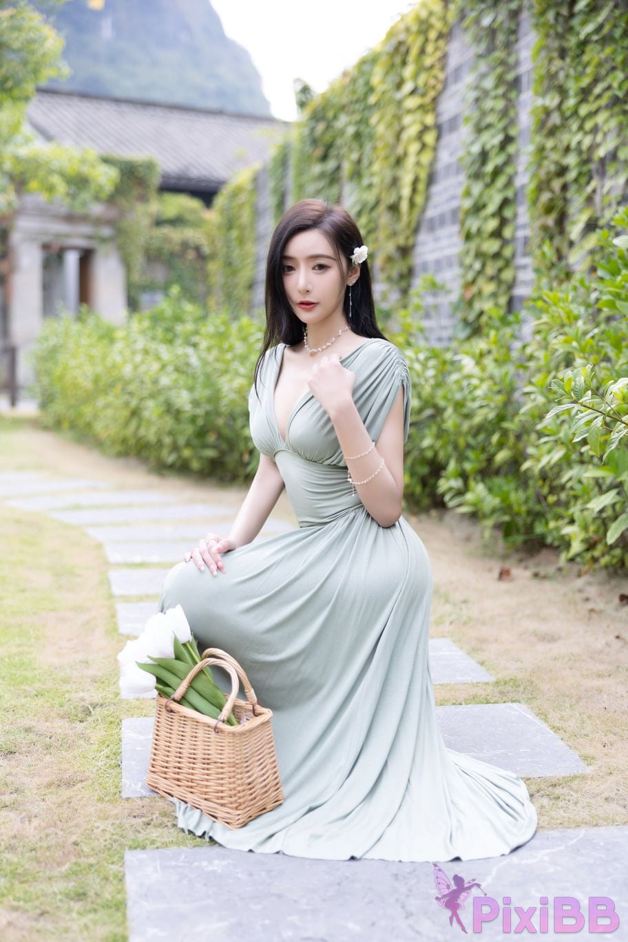 No watermark for in app purchases Wang Xinyao Yanni Bean Green Dress White Swimsuit PixiBB.COM 009