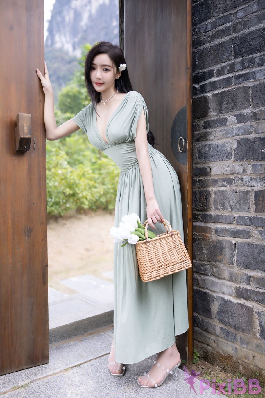 No watermark for in app purchases Wang Xinyao Yanni Bean Green Dress White Swimsuit PixiBB.COM 011