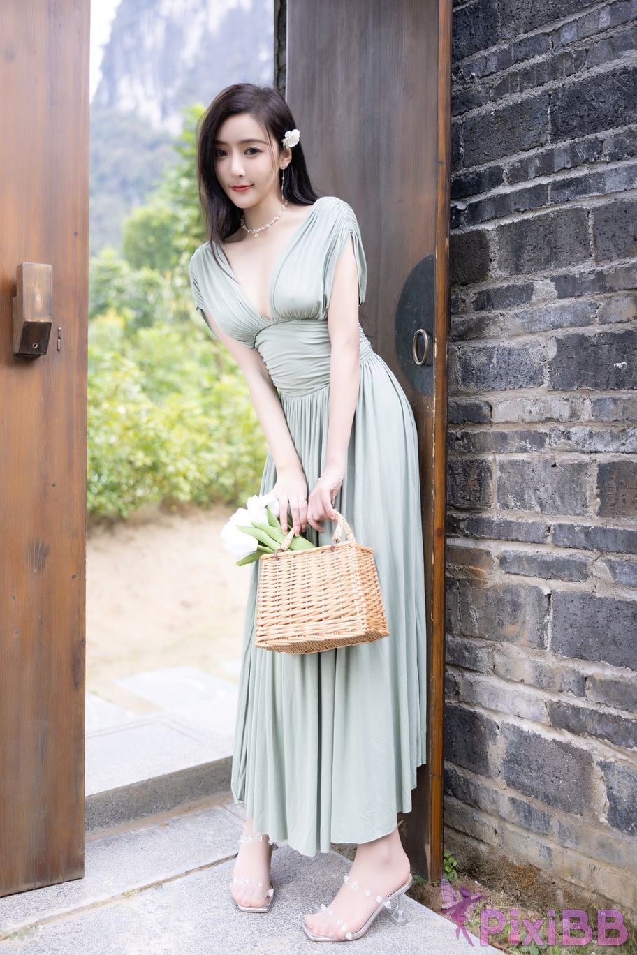 No watermark for in app purchases Wang Xinyao Yanni Bean Green Dress White Swimsuit PixiBB.COM 012