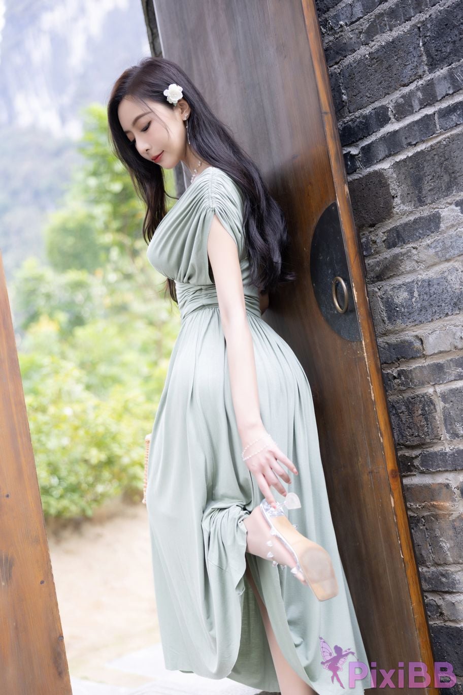 No watermark for in app purchases Wang Xinyao Yanni Bean Green Dress White Swimsuit PixiBB.COM 013