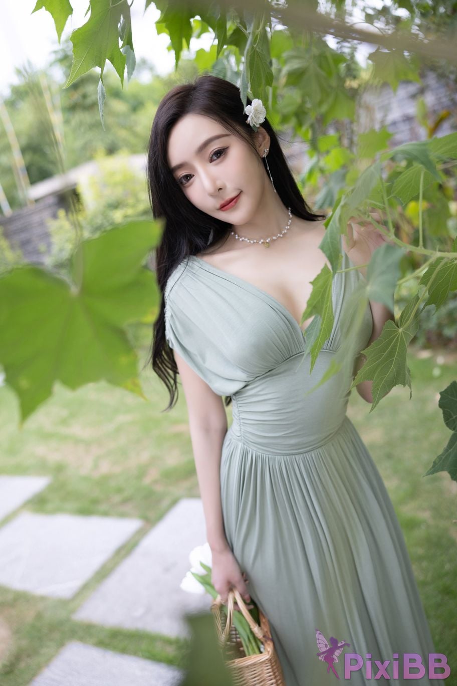 No watermark for in app purchases Wang Xinyao Yanni Bean Green Dress White Swimsuit PixiBB.COM 020