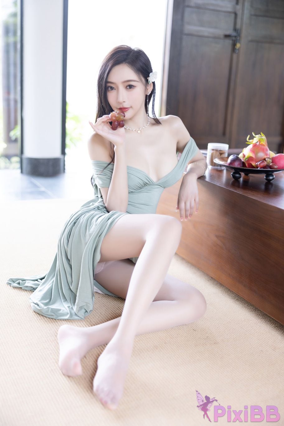 No watermark for in app purchases Wang Xinyao Yanni Bean Green Dress White Swimsuit PixiBB.COM 059