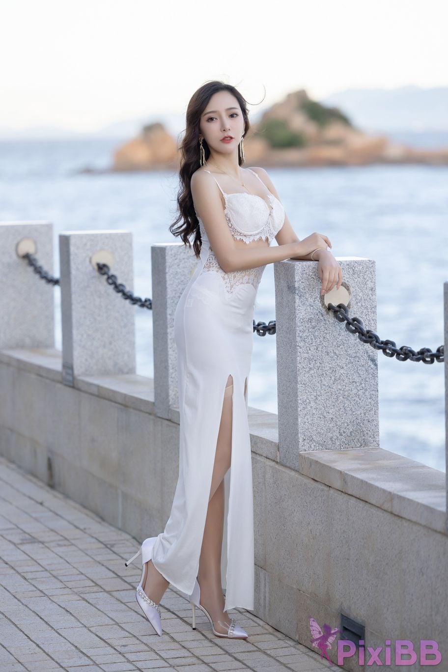 No watermark for in app purchases Wang Xinyao Yanni Gray cheongsam with white skirt PixiBB.COM 001
