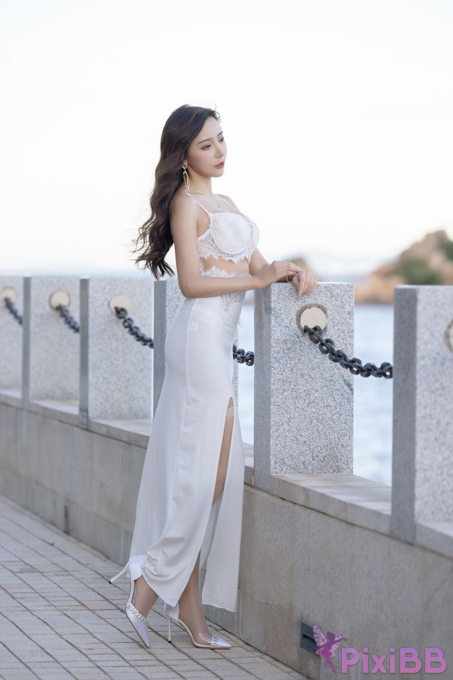 No watermark for in app purchases Wang Xinyao Yanni Gray cheongsam with white skirt PixiBB.COM 002