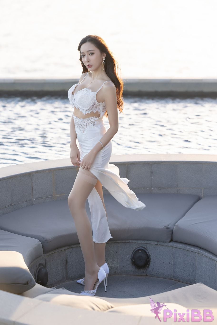 No watermark for in app purchases Wang Xinyao Yanni Gray cheongsam with white skirt PixiBB.COM 013