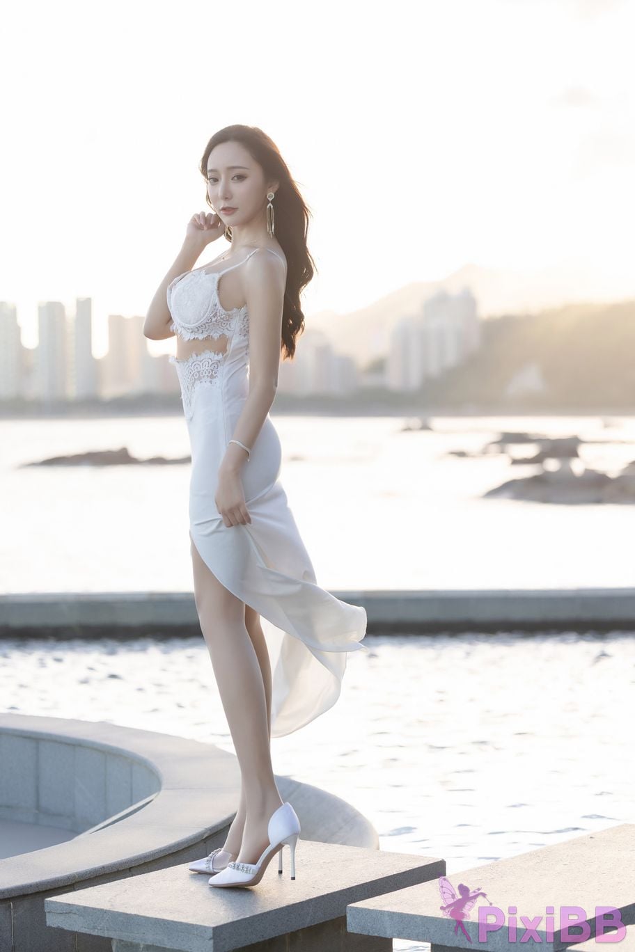 No watermark for in app purchases Wang Xinyao Yanni Gray cheongsam with white skirt PixiBB.COM 014