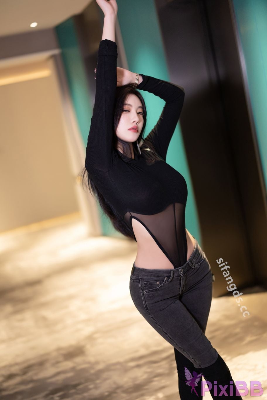 No watermark for in app purchases Yang Chenchen Yome sexy V shorts Tempting one piece fishnet stockings super open file PixiBB.COM 006